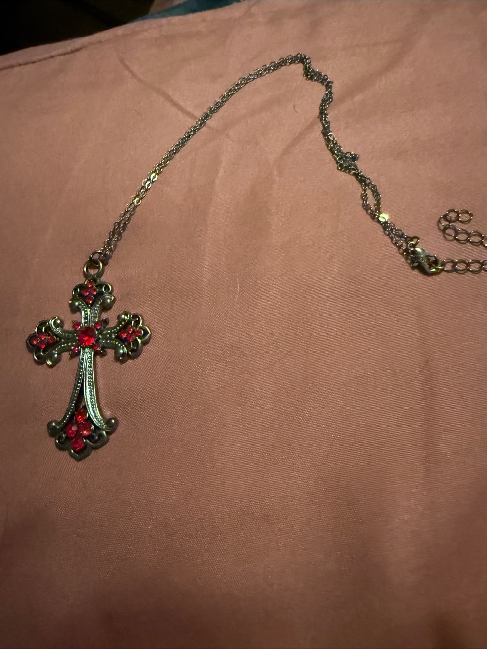Silver-Tone Cross Pendant Necklace with Red Crystals